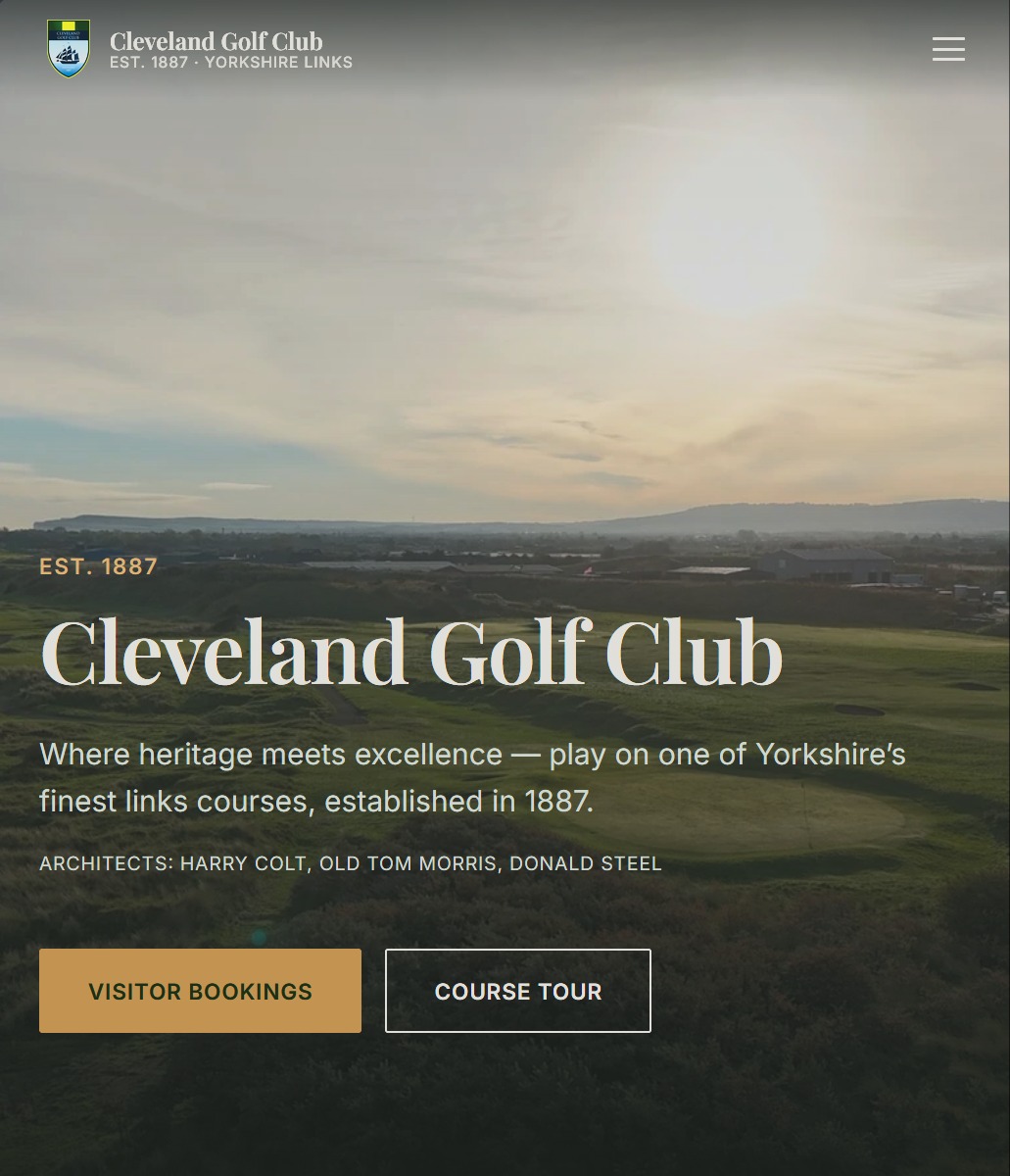 The Cleveland Golf Club website homepage, showing the hero photograph, heading and primary navigation