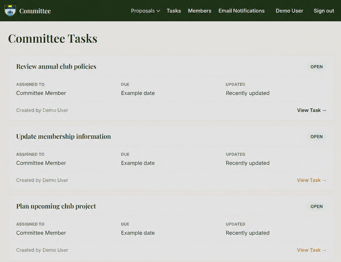 Sanitised demonstration of the Cleveland Golf Club committee dashboard showing example committee tasks and a proposal